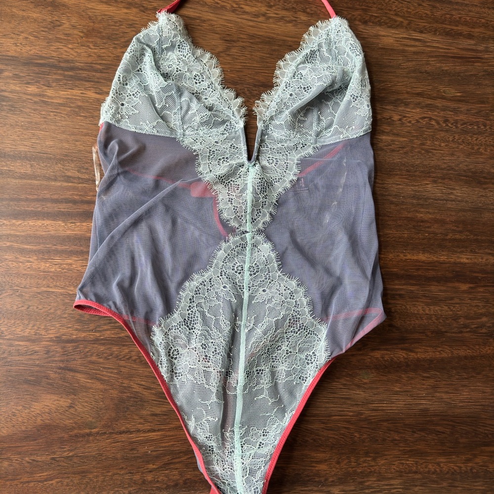 Victoria's Secret Gray and Red Lace Bodysuit